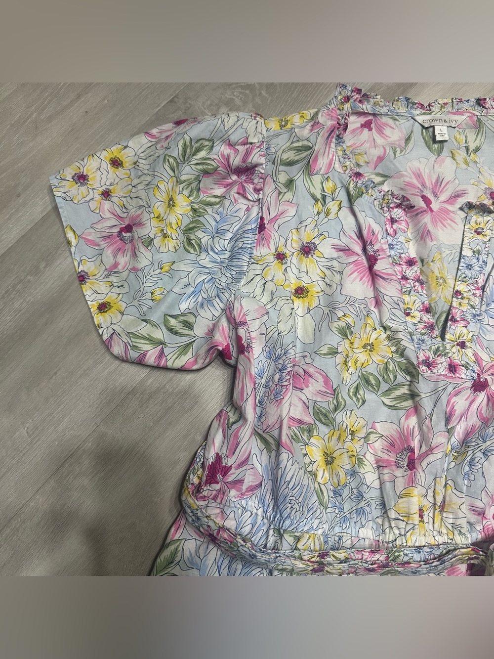 Crown & Ivy Pink Blue Yellow Floral Midi Dress Sz L - Picture 5 of 8